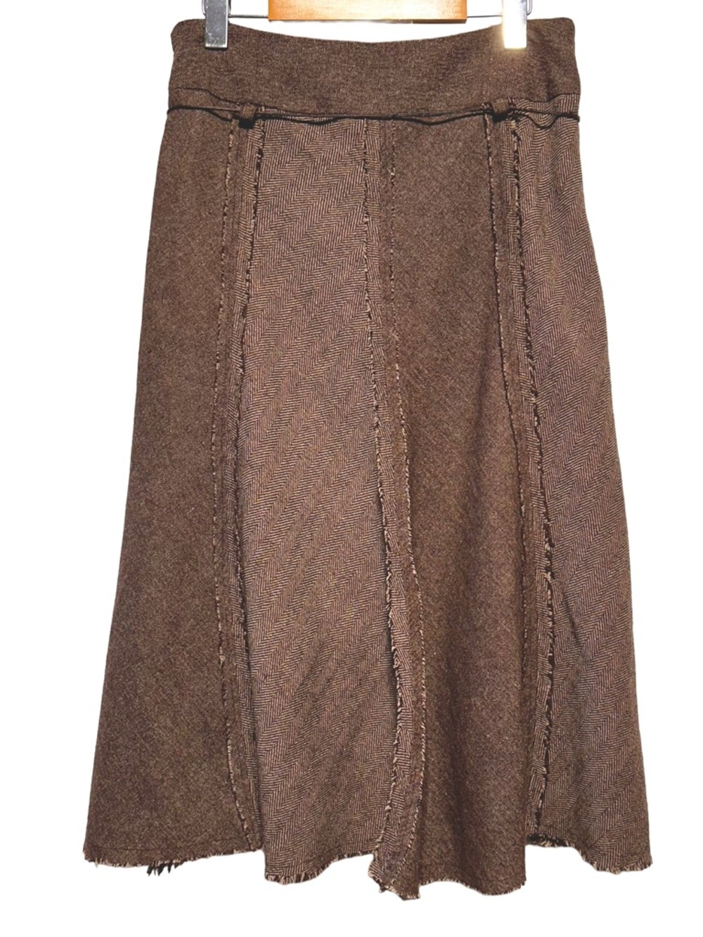 SUZY SHIER | Brown Herringbone Asymmetrical Boho Midi Skirt Artsy Festival - Picture 5 of 8